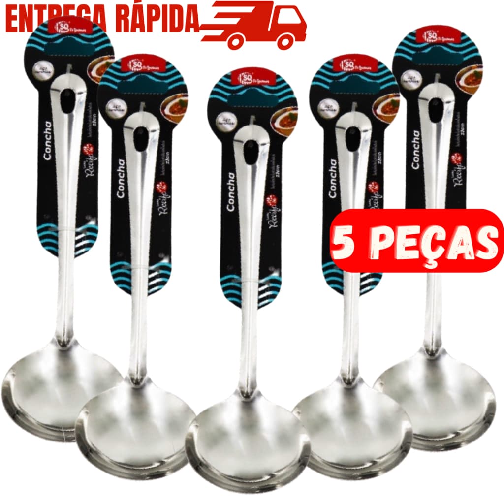 Kit 5 Concha De Feijão Sopa Caldo Molho Inox 23 Cm Utensílio De Cozinha Para Jantar Almoço Festas
