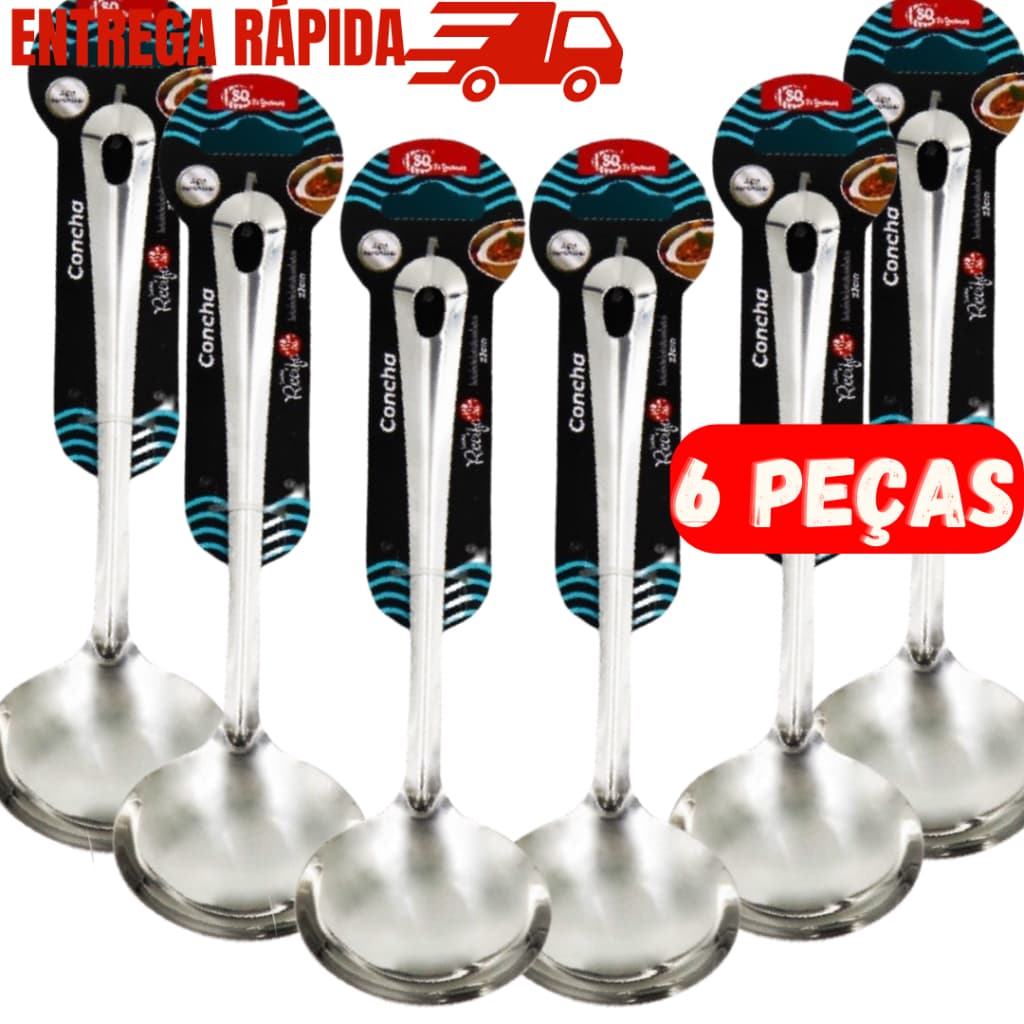 Kit 6 Concha De Feijão Sopa Caldo Molho Inox 23 Cm Utensílio De Cozinha Para Jantar Almoço Festas