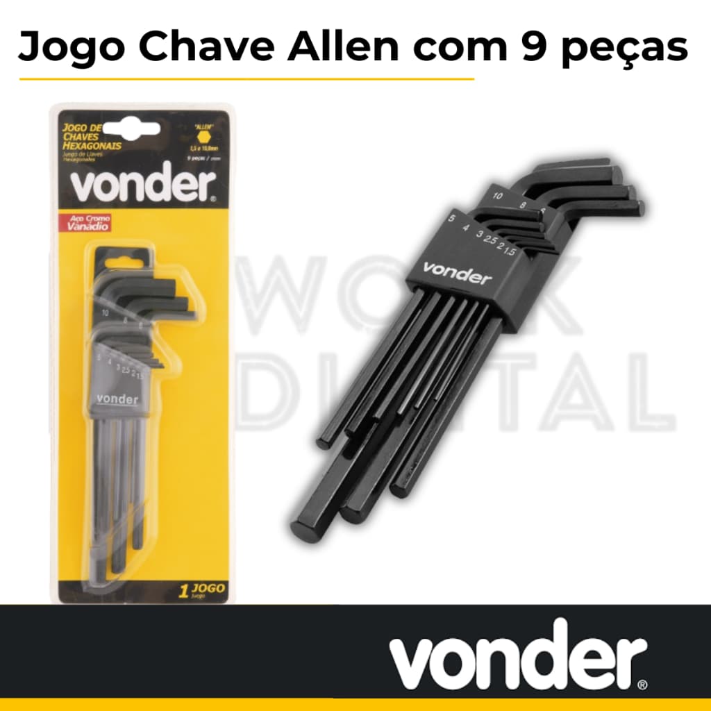 Jogo de chave allen longa 1,5 a 10mm com 9 peças Tipo L Cromo vanádio