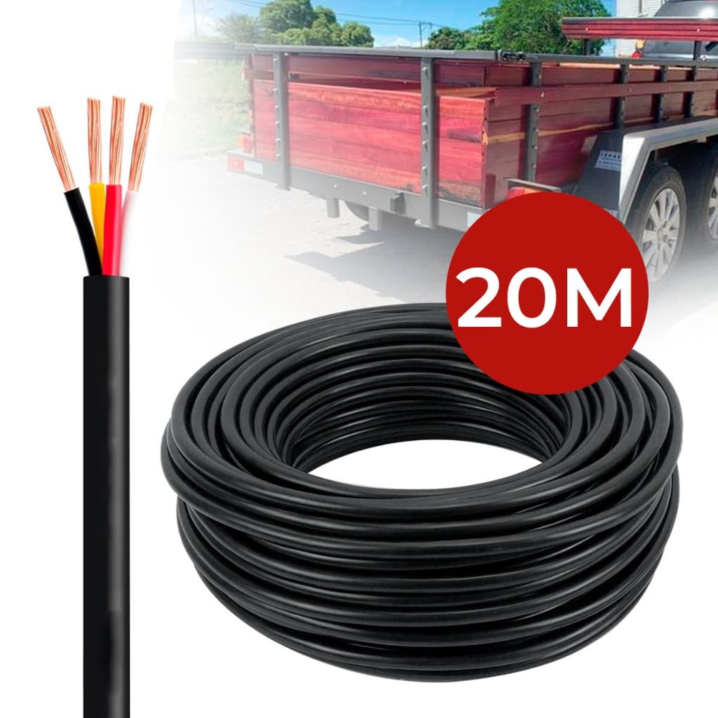 Cabo PP 4x1mm 20 Metros Flexível Instalação Elétrica Carretinha Caminhão Reboque Cabinho 100% Cobre