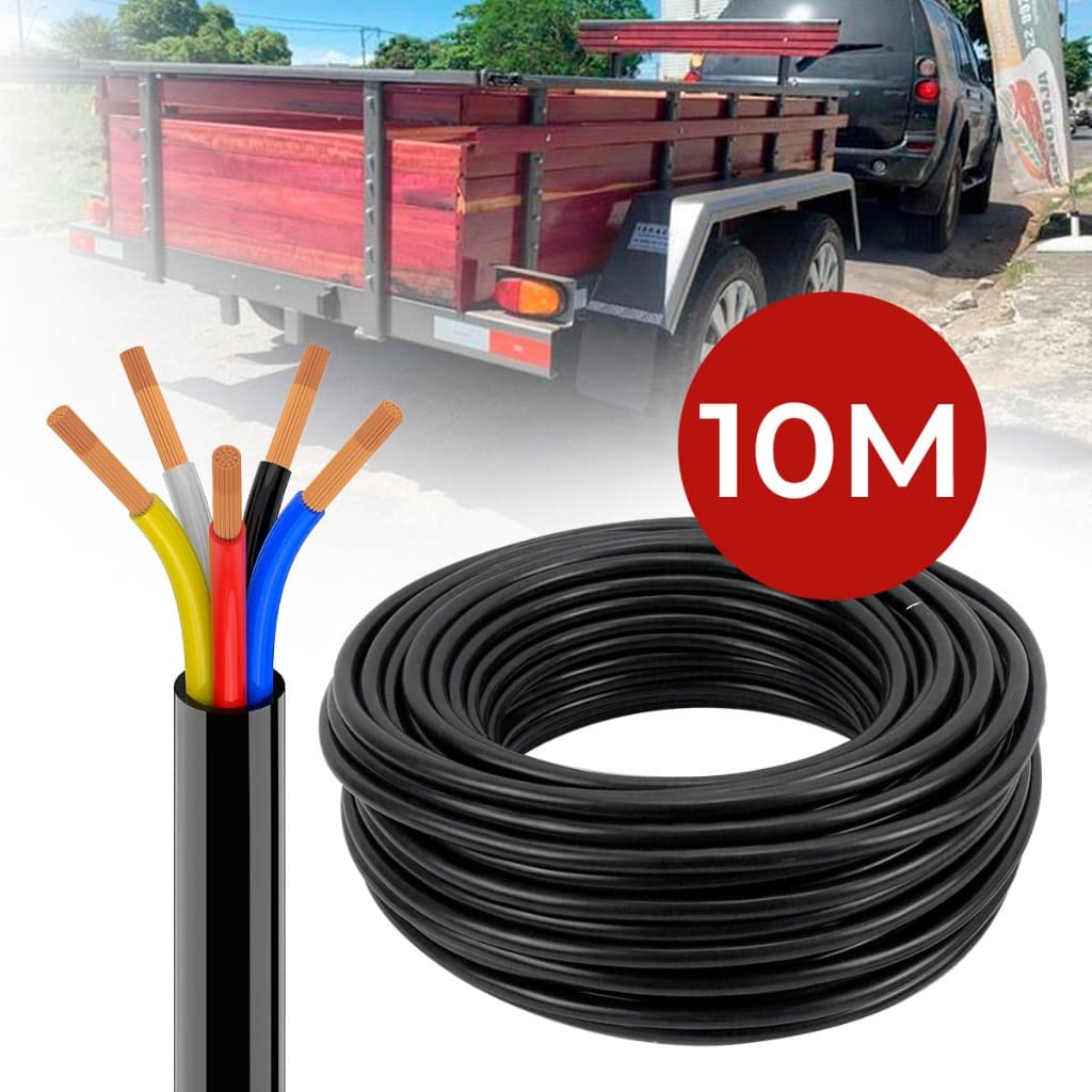 Cabo Pp 5 Vias 10 Metros Carretinha Reboque Rolo Caminhão Reboque 100% Cobre Qualidade Premium