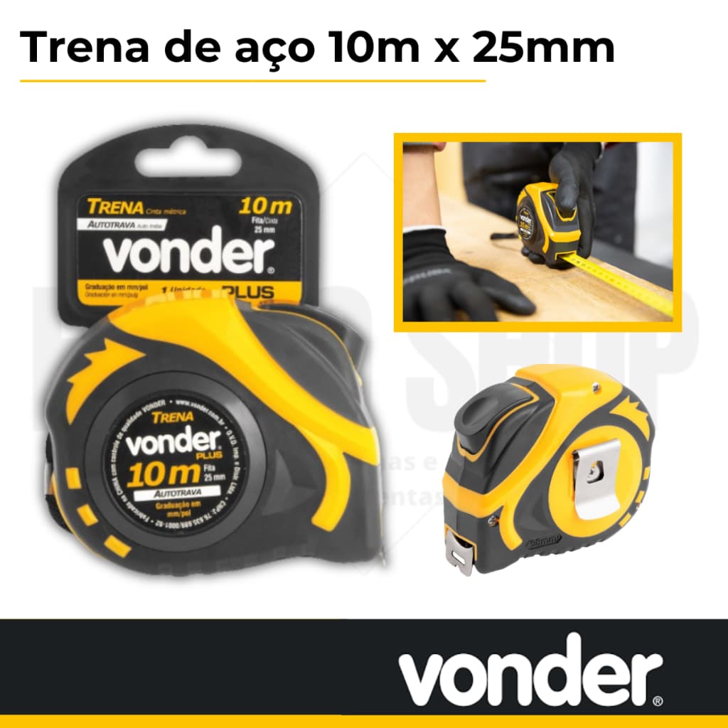Trena autotrava em aço, Profissional, resistente  emborrachada  10 m x 25 mm, VONDER Plus