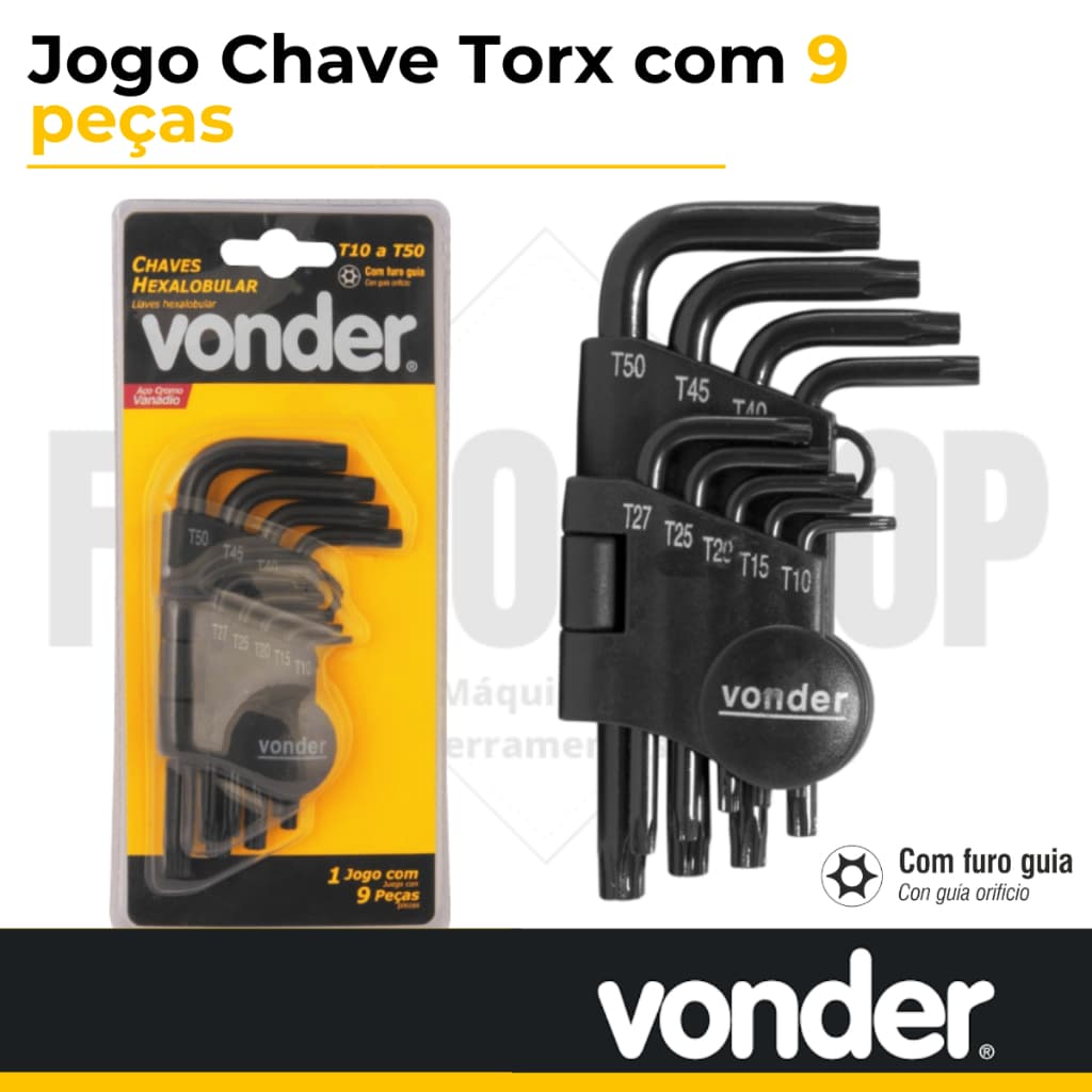 JOGO DE CHAVE TORK TORX HEXALOBULAR T10 AO T50 COM 9 PEÇAS Vonder