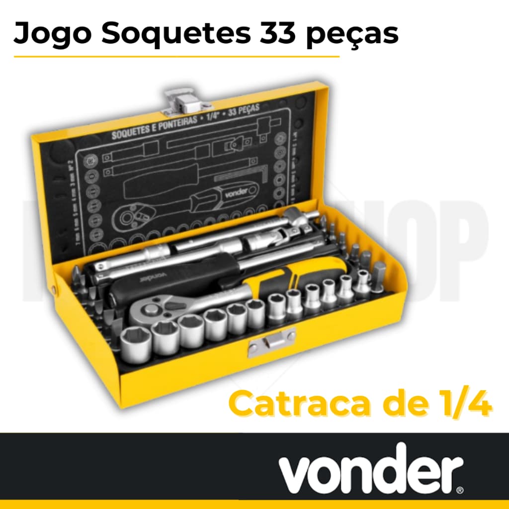 Kit Jogo Soquetes Sextavado Bits Pito Catraca 33 Peças C/Maleta - Vonder