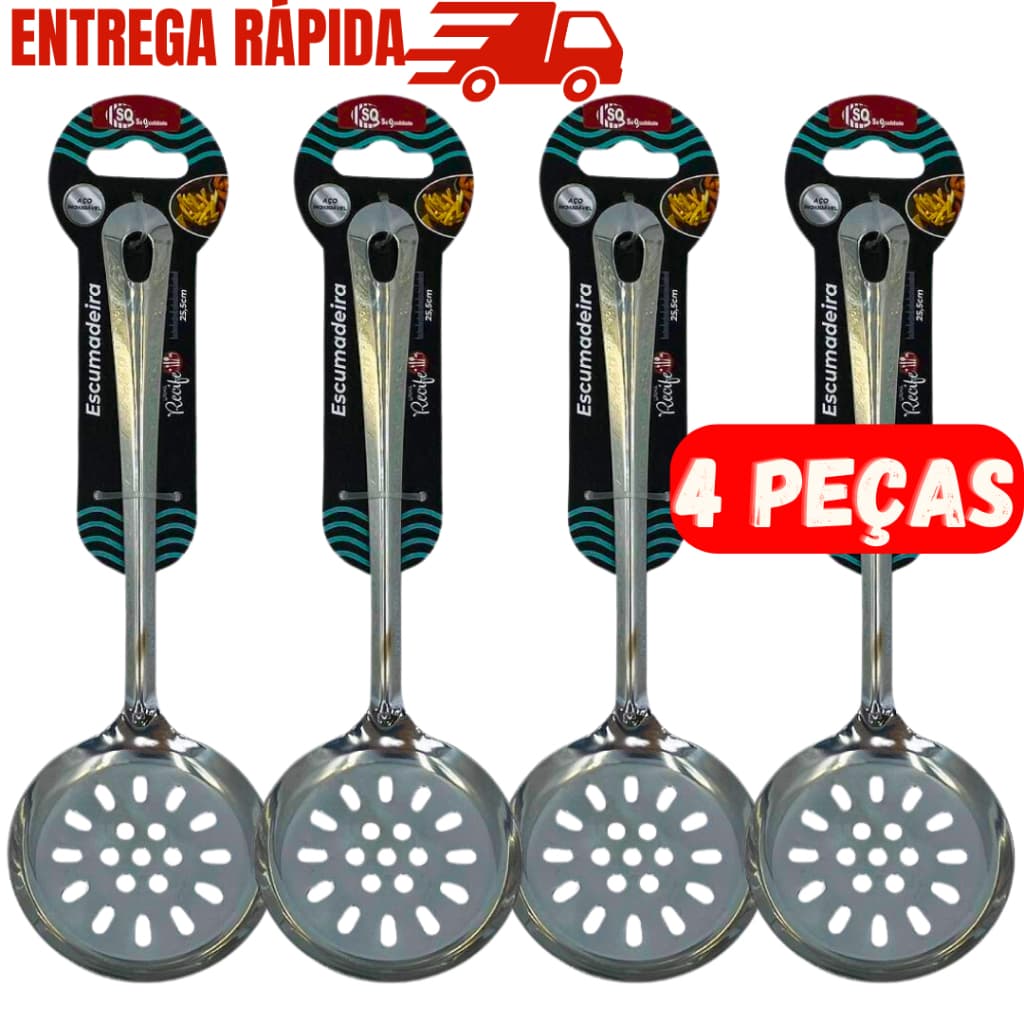 Kit 4 Escumadeira de Arroz em Aço Inox Para Fritura 25,5cm Utensílios de Cozinha