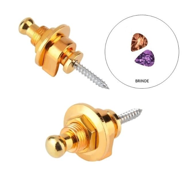 Strap Lock Trava Correia Talabarte Par 2 Peças Guitarra Violão Contra Baixo Dourado + Palhetas
