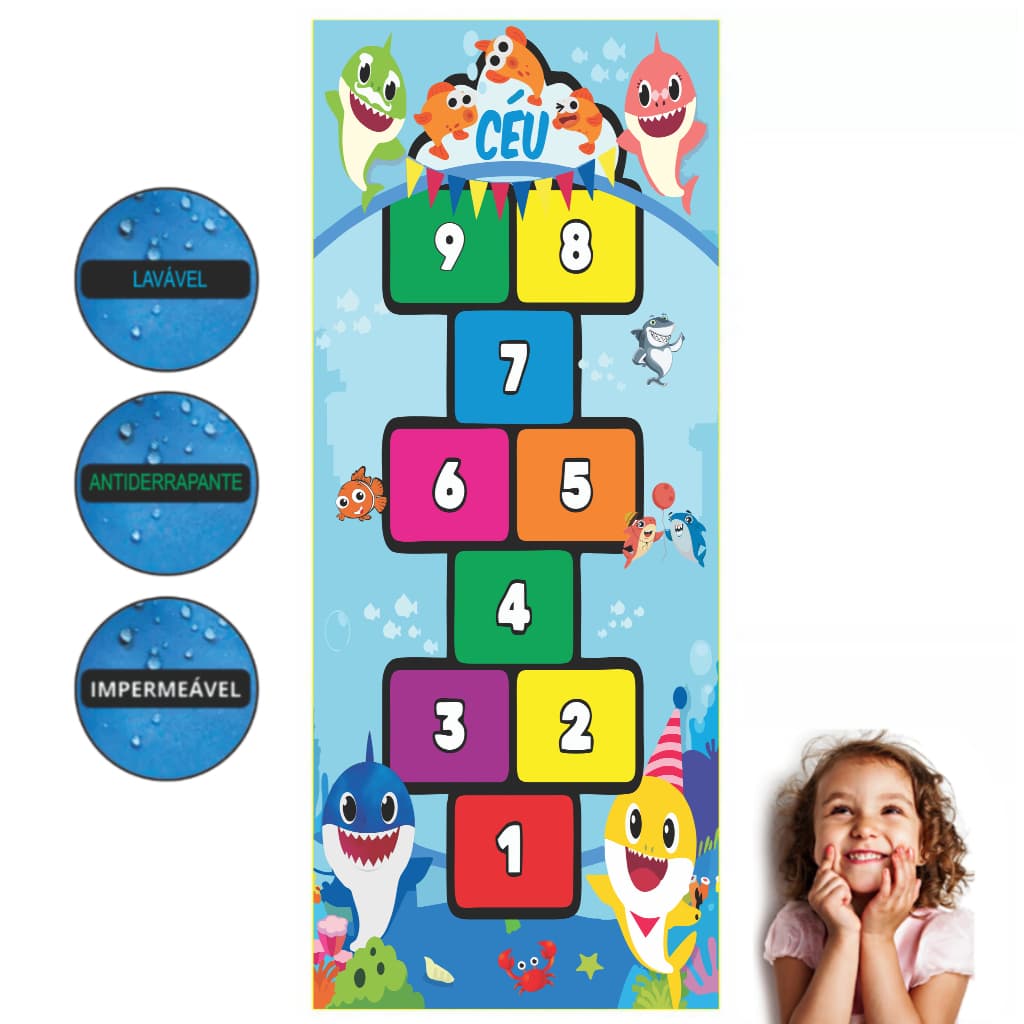 Tapete Baby Shark Brincadeiras Lúdicas Atividade de Coordenação Motora Pedagógico Tapete Amarelinha