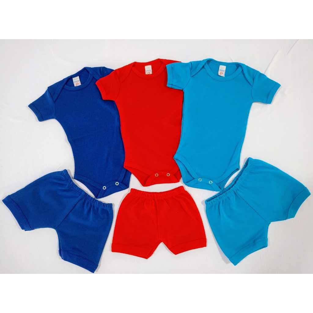 Kit Bebê Infantil 6 Peças ( 3 Bodys Lisos 3 Shorts) Suedine 100% Algodão (Cores Específicas nas Variações)