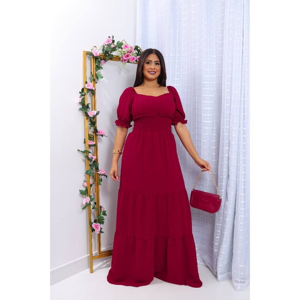 Vestido Longo Feminina Manga Princesa Vestido Lastex Moda Feminina