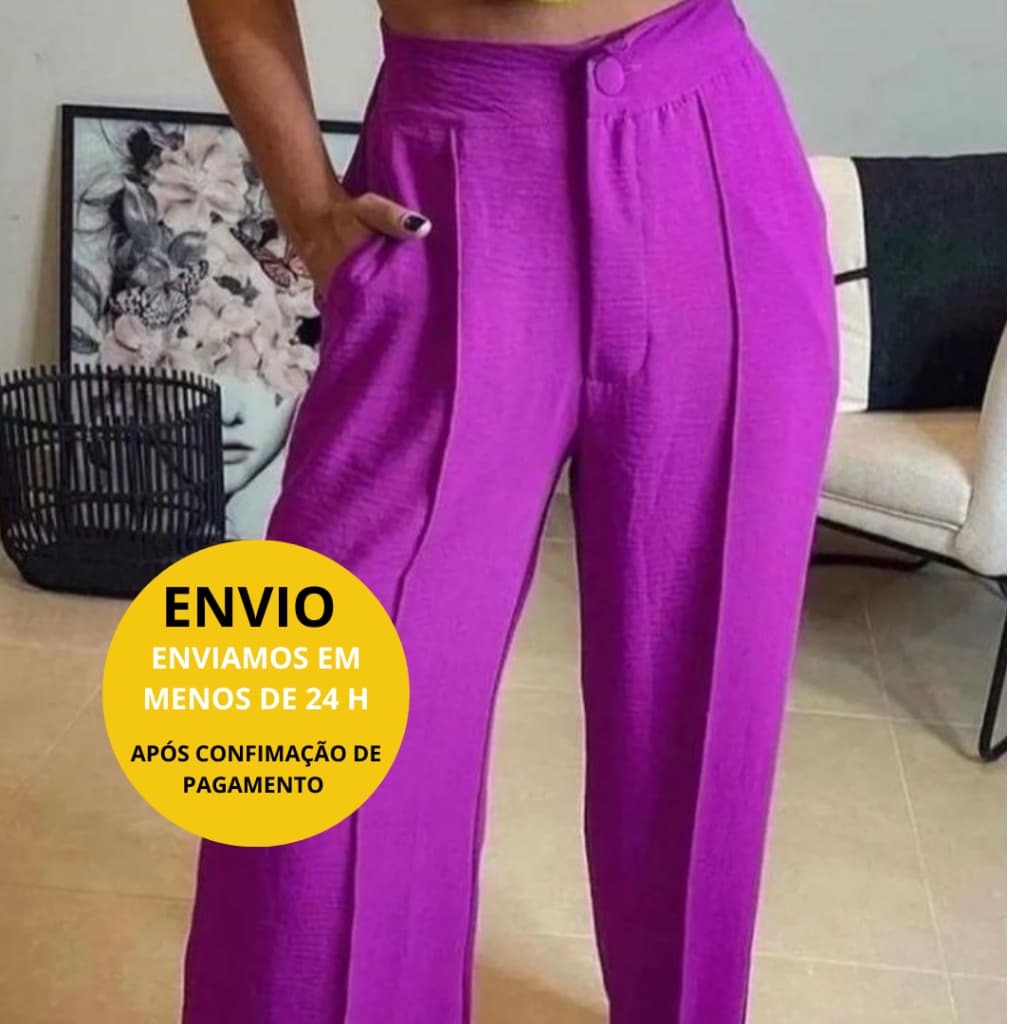 Calça Pantalona Feminina Tecido Duna Com Botão Elástico Tendência