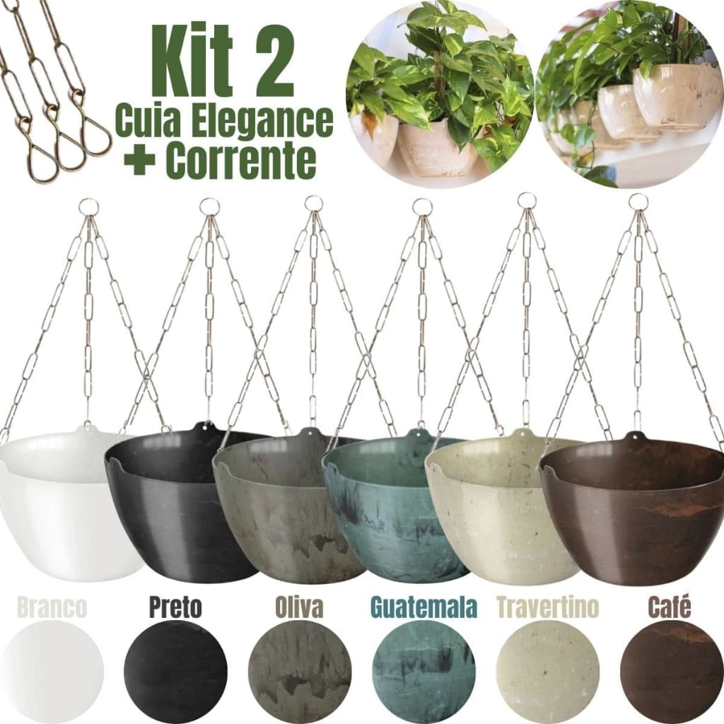 2 Cachepo Decorativo Elegance Cuia 01 Suspenso Completo Para Planta Pendente + 2 Suporte Corrente 44cm Para Samambaia