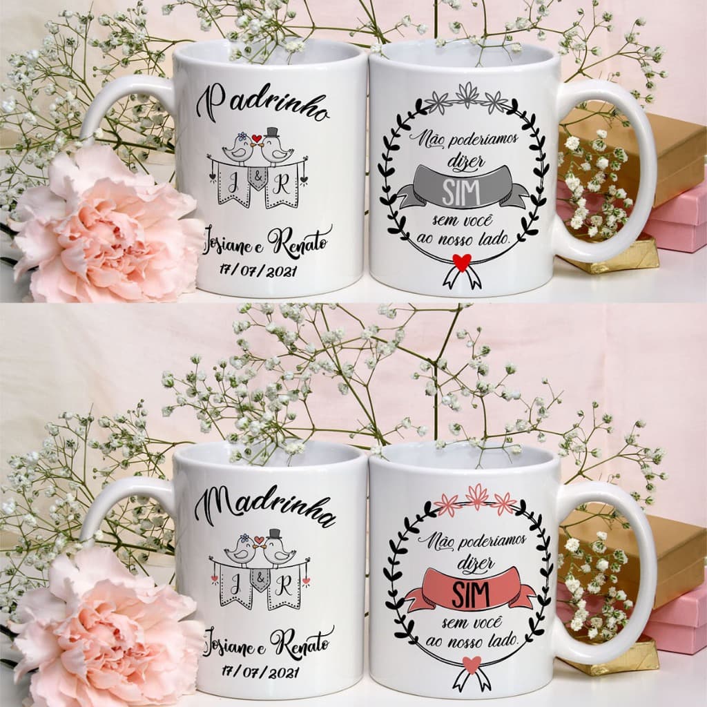 Caneca Xícara Padrinho E Madrinha Casamento Modelo 2 Personalizado Com Nome E Data OFERTA RELAMPÂGO!