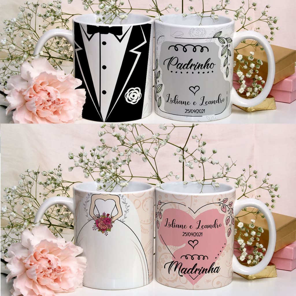 Caneca Xícara Padrinho E Madrinha Casamento Modelo 5 Personalizado Com Nome E Data OFERTA RELAMPÂGO!