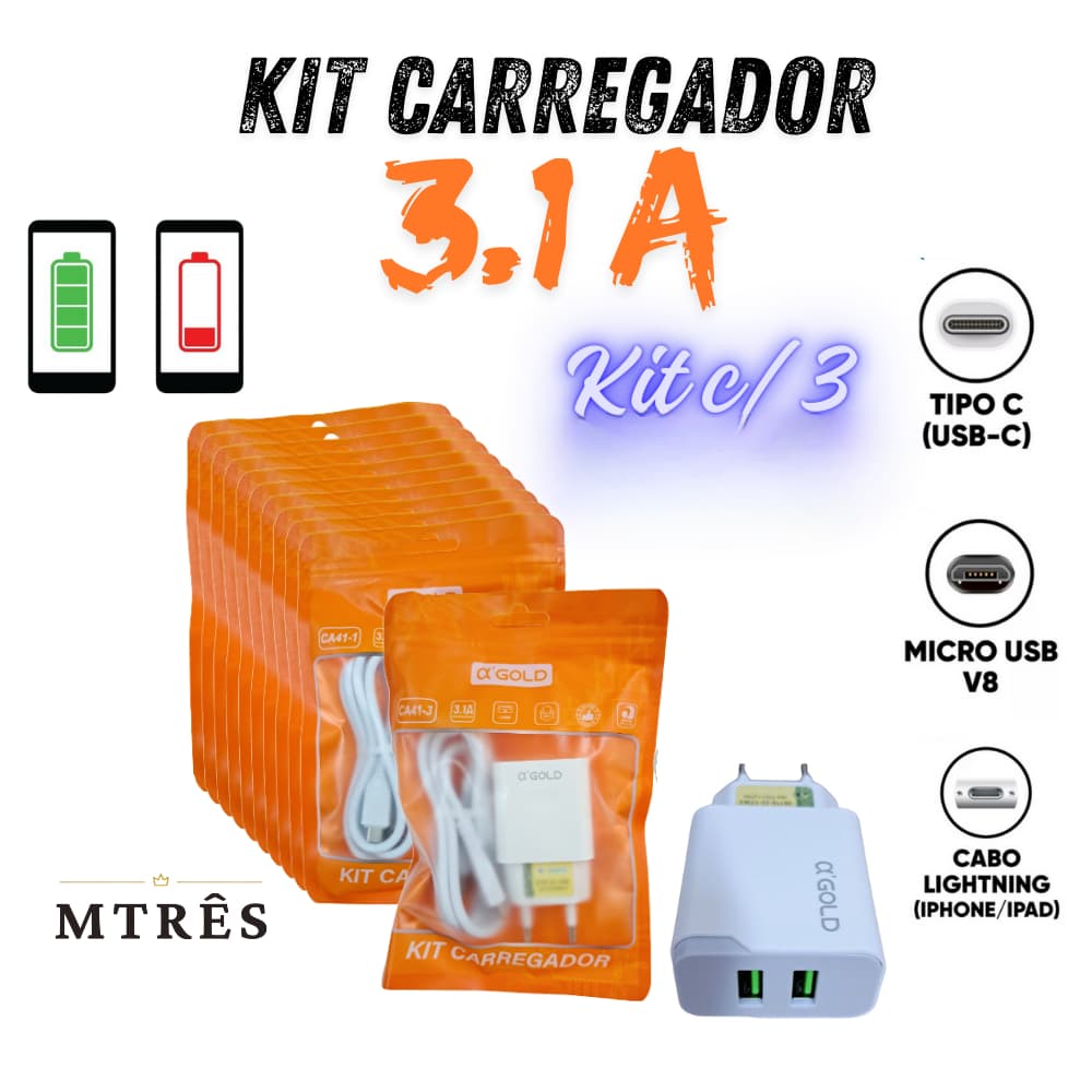 Kit com 1 ou 3 Peças Carregador Turbo Micro USB V8 Tipo C Lightning Para Android 3.1A
