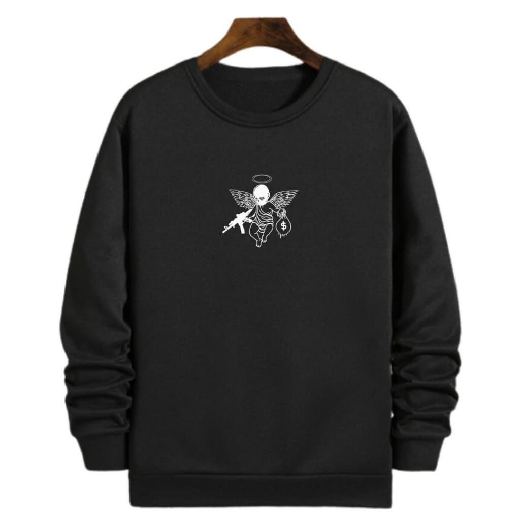 Moletom blusa de frio gola careca masculino estampado anjo com ak47 e dinheiro