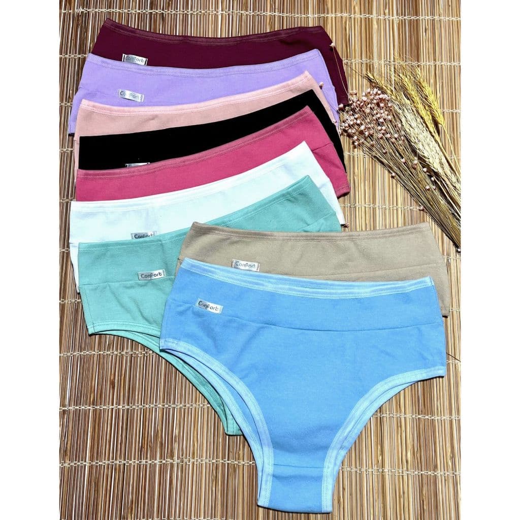 Kit 5 Calcinhas Femininas Algodão Firmadora cós duplo Alta Senhora Cotton Confortável plus size