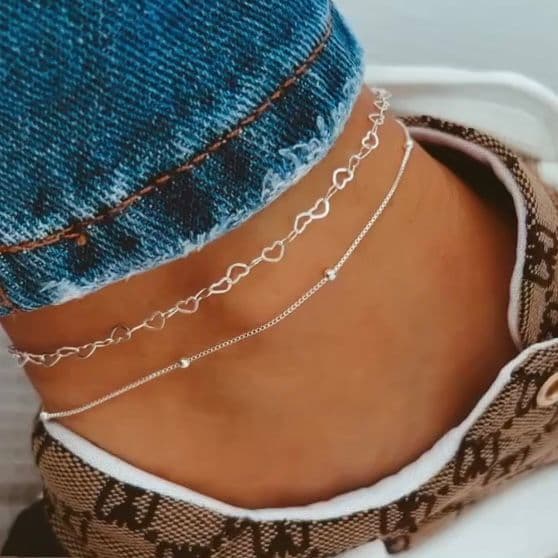 Kit 2 Tornozeleiras Folhados a Prata 925 - Coração Elos e Veneziana Bolinhas delicadas moderna
