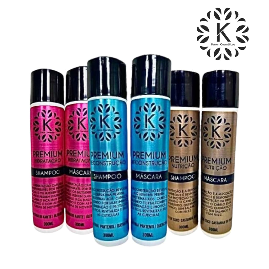 Kit CRONOGRAMA Capilar Shampoo e Condicionador de HIDRATAÇÃO, NUTRIÇÃO, RECONSTRUÇÃO 300mL Kairon Cosméticos