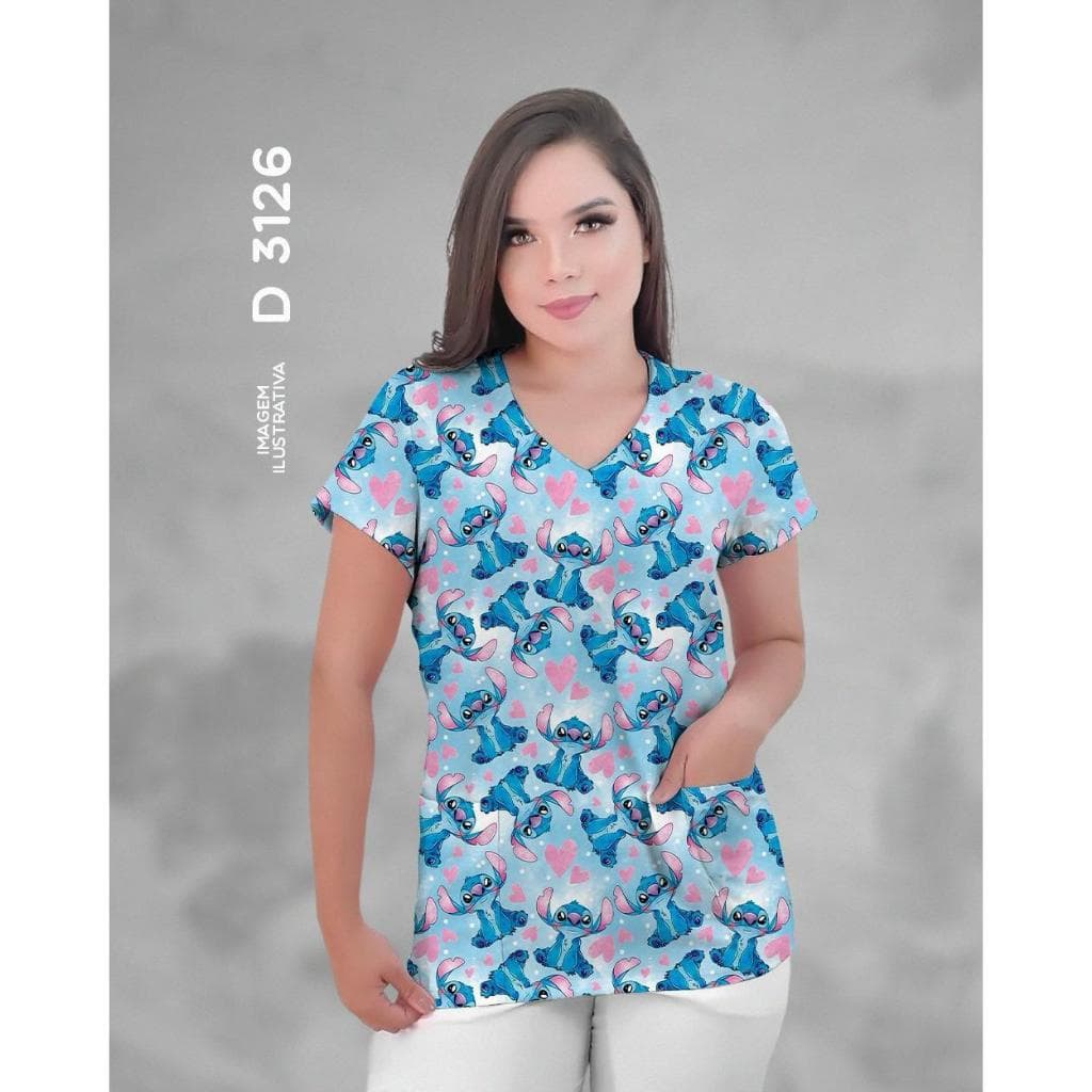 Scrub Estampado Stitch Scrub Jaleco de Enfermeira , Babá , Jaleco Cuidadora de Crianças Camisa Stith
