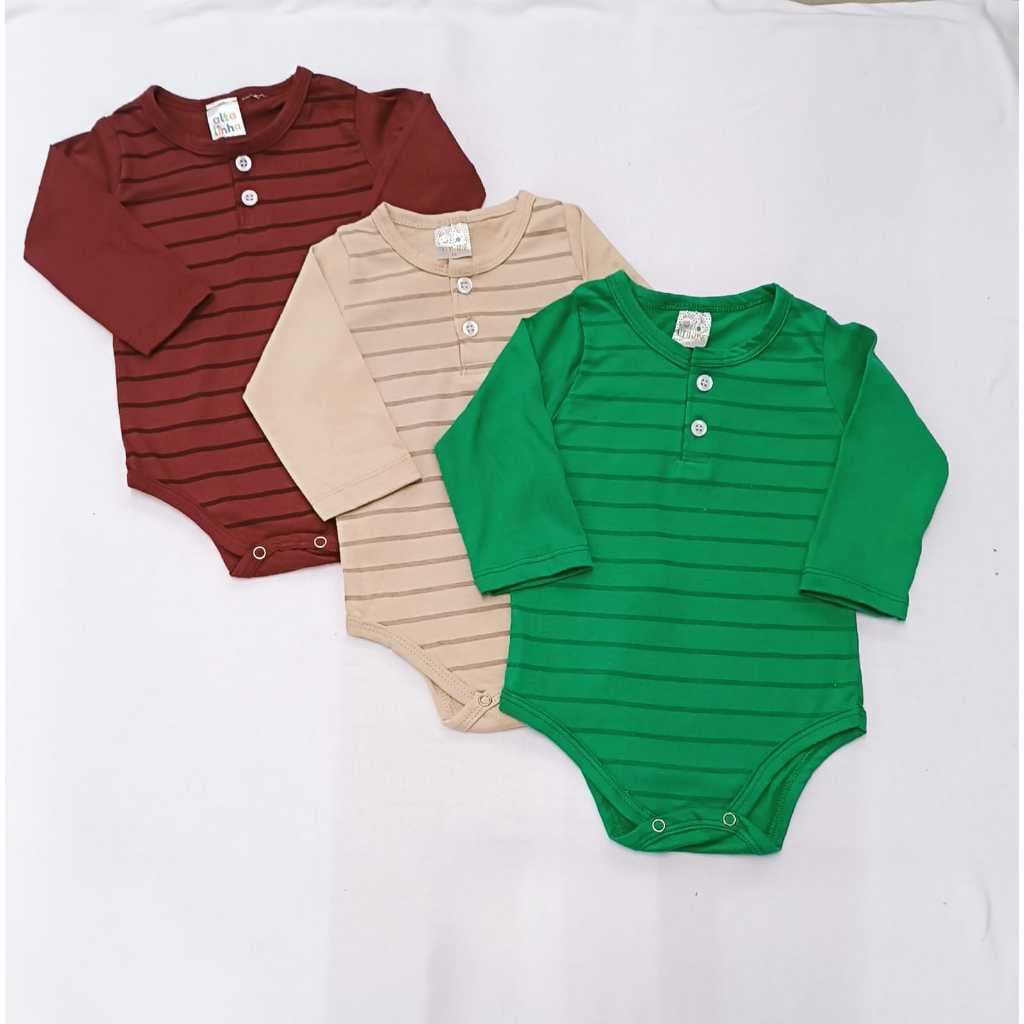 Kit 3 Bodys Bebês Meninos Com Manga Longa 100% Algodão Gola Botão Conforto Qualidade Tamanhos P M G 01