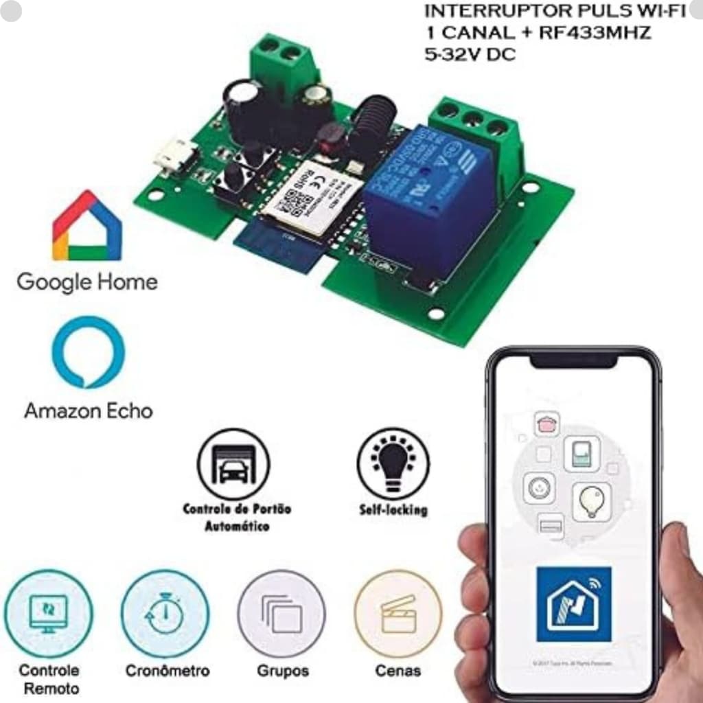 Pulso Wifi Portão Relé Garagem Interruptor Sonoff Modulo Automoção Inteligente Alexa Fechadura