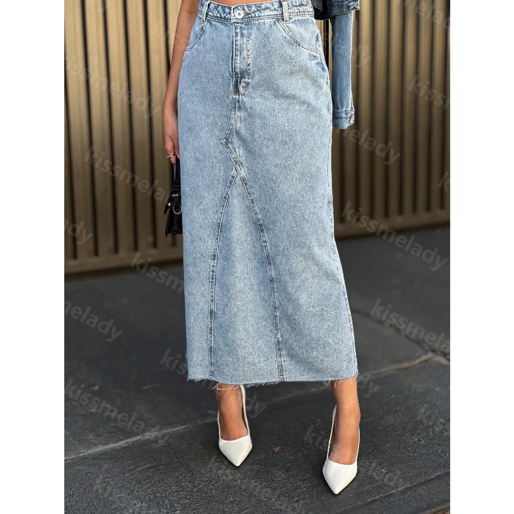 KISSMELADY 8276 saia longa jeans feminina  sem rascada 8276