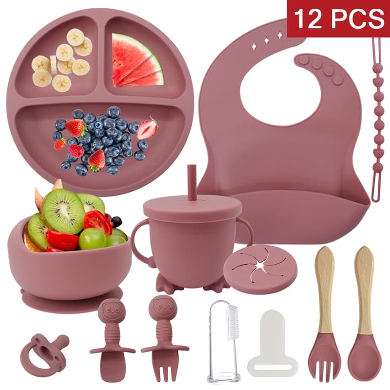 Talheres do Bebê 12 PCS/Conjunto talheres de silicone para bebês Prato de jantar com ventosa Prato tigela de arroz copo babador chupeta colher garfo escova de dentes