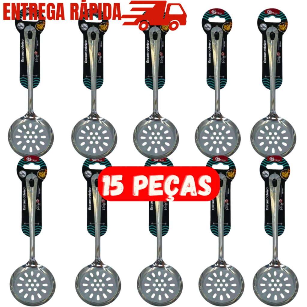 Kit 15 Escumadeira de Arroz em Aço Inox Para Fritura 25,5cm Utensílios de Cozinha