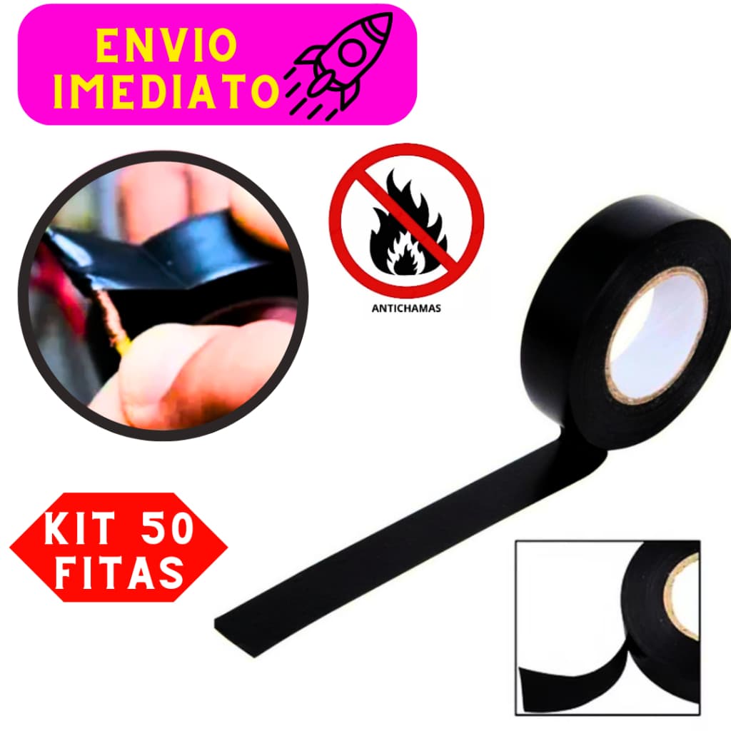 Kit 50 Fitas Isolantes Antichamas Fita Preta 05 e 10 Metros Premium Retardante de Chamas Resistente