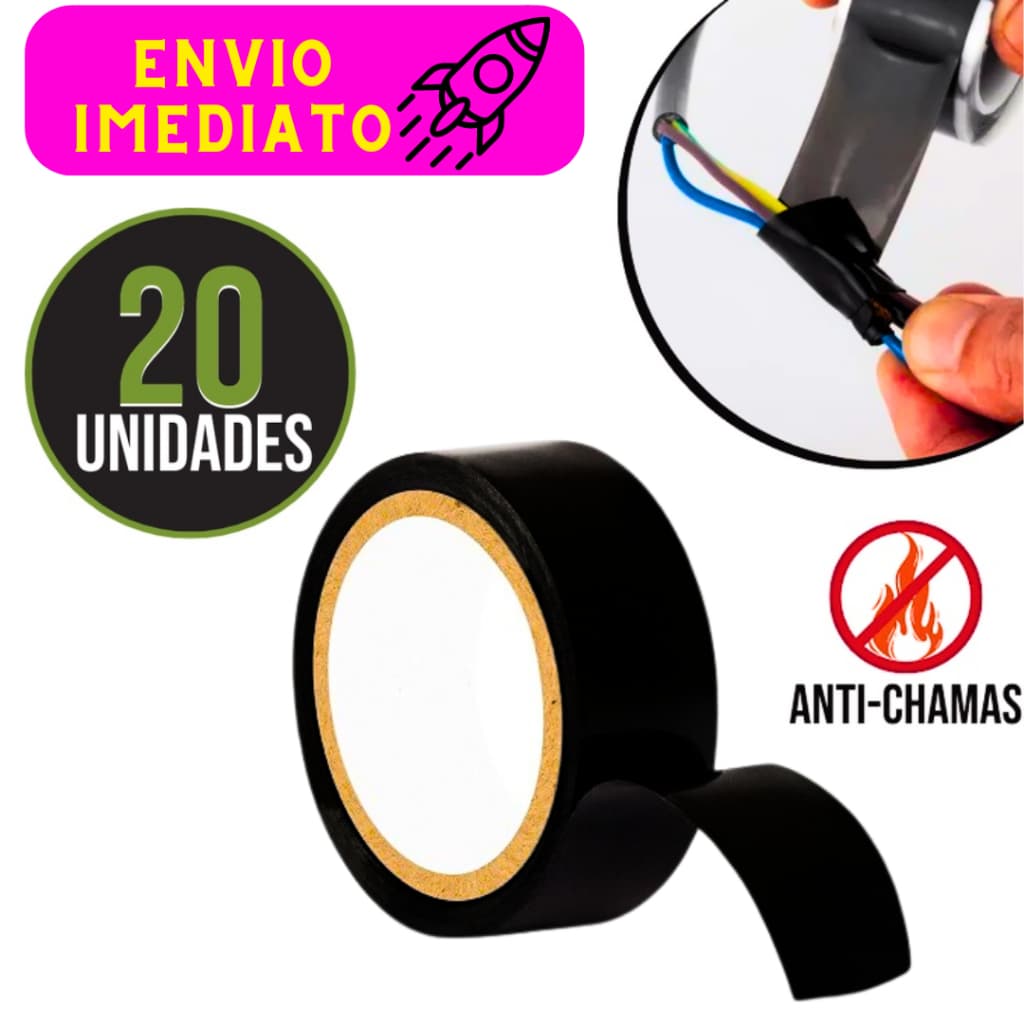 Kit 20 Fitas Isolantes 05 e 10 Metros Resistente Retardante de Chamas Antichamas Fita Preta Premium
