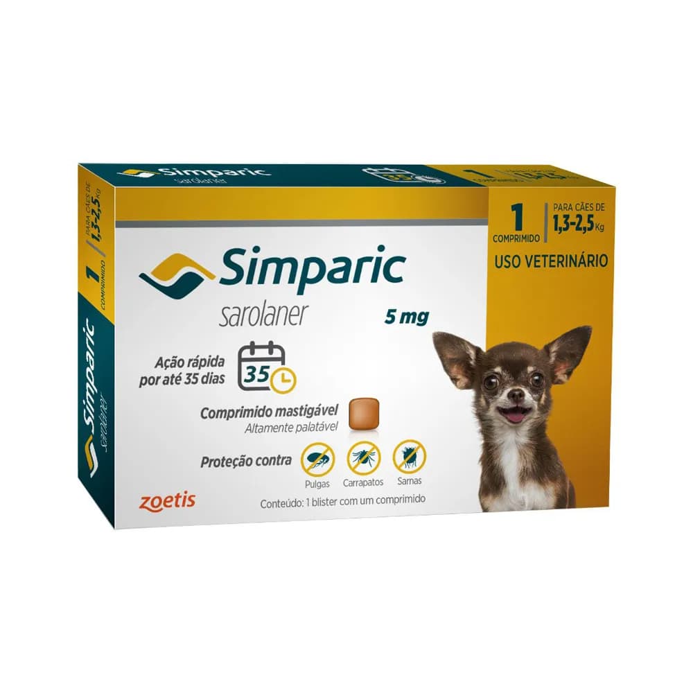 Antipulgas para Cães Simparic 5 mg 1,3 a 2,5 kg - 1 Comprimido
