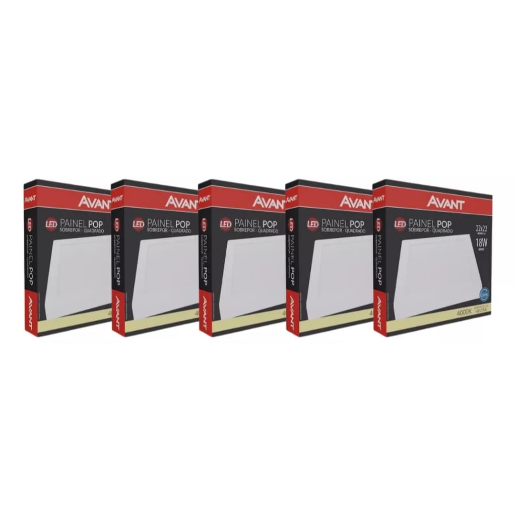 Kit 5 Painel Led Sobrepor Quadrado 22cm Avant 4000k 18w