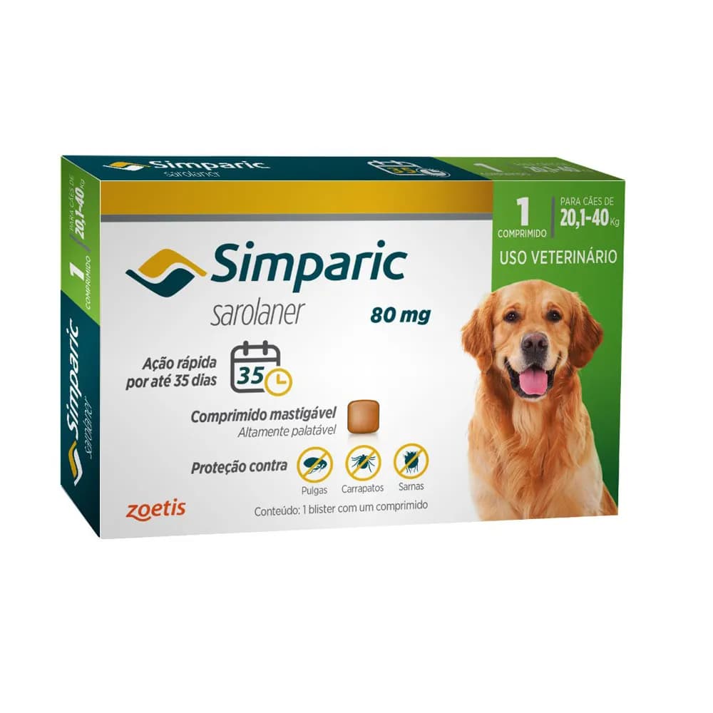 Antipulgas para Cães Simparic 80 mg 20,1 a 40 kg - 1 Comprimido