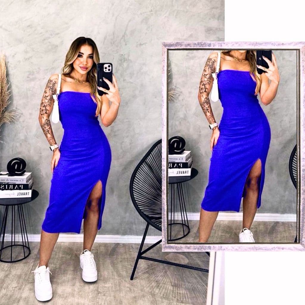 Vestido Tomara que Caia Canelado Midi com Fenda - Elegância e Ousadia
