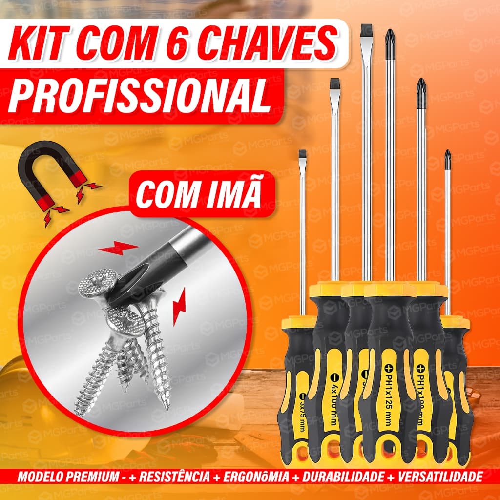 Kit 6 Chaves Fenda Philips Profissionais Imantadas Magnéticas Cabo Emborrachado 6 Peças
