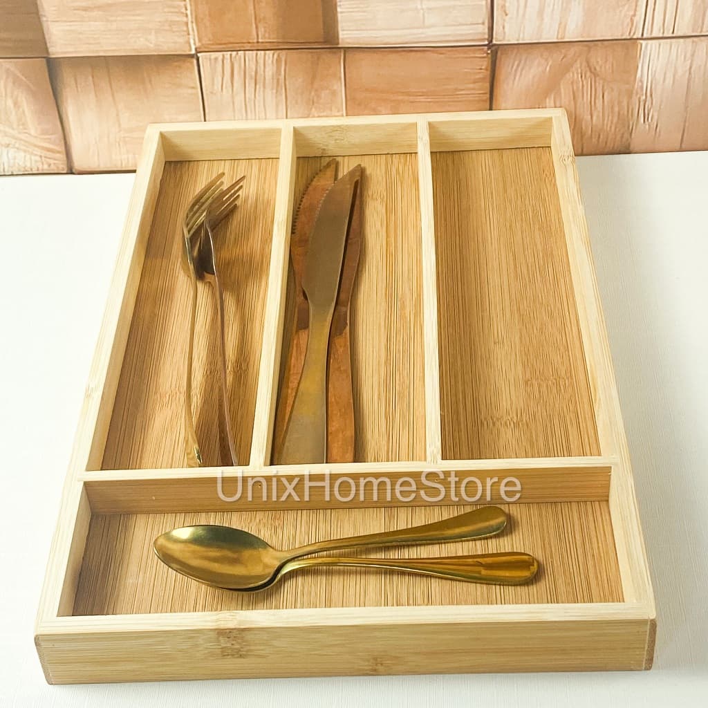 Porta Talheres Decorativo Organizador de Gaveta Bambu 4 Divisórias Casa Cozinha