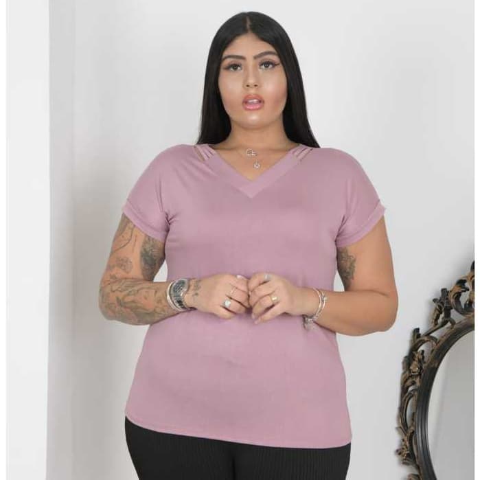 Blusa Femenina Plus Size manga Curta gola v com chiras na frente Viscolycra
