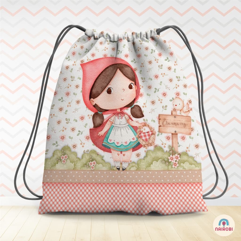 Kit com 5, 10 ou 15 Mochilas Personalizada (Modelo Saco) 19x28 - Chapeuzinho Vermelho - Chapeuzinho Vermelho Aquarela