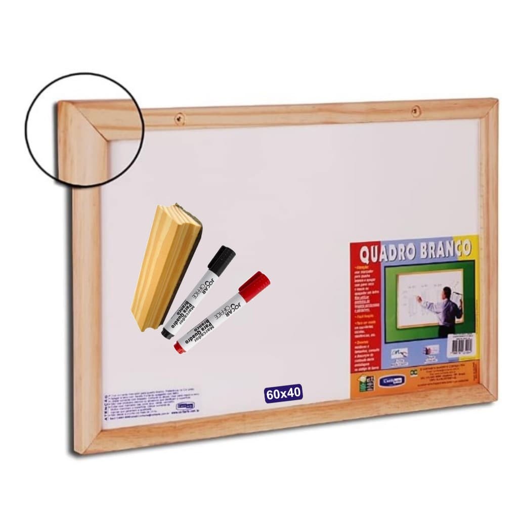 Lousa Quadro Branco 60X40cm Escolar Moldura Madeira + 2 Marcadores e 1 Apagador
