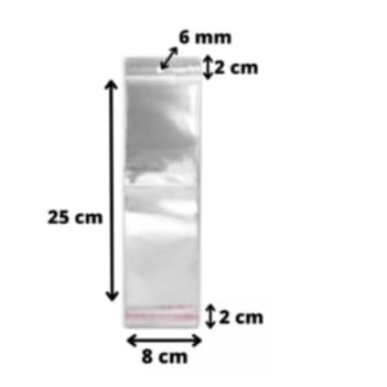 Sacos Celafone  Adesivado Transparente 8x25cm S/Furo Pacote C/100 Unidades Ref:MC-0041