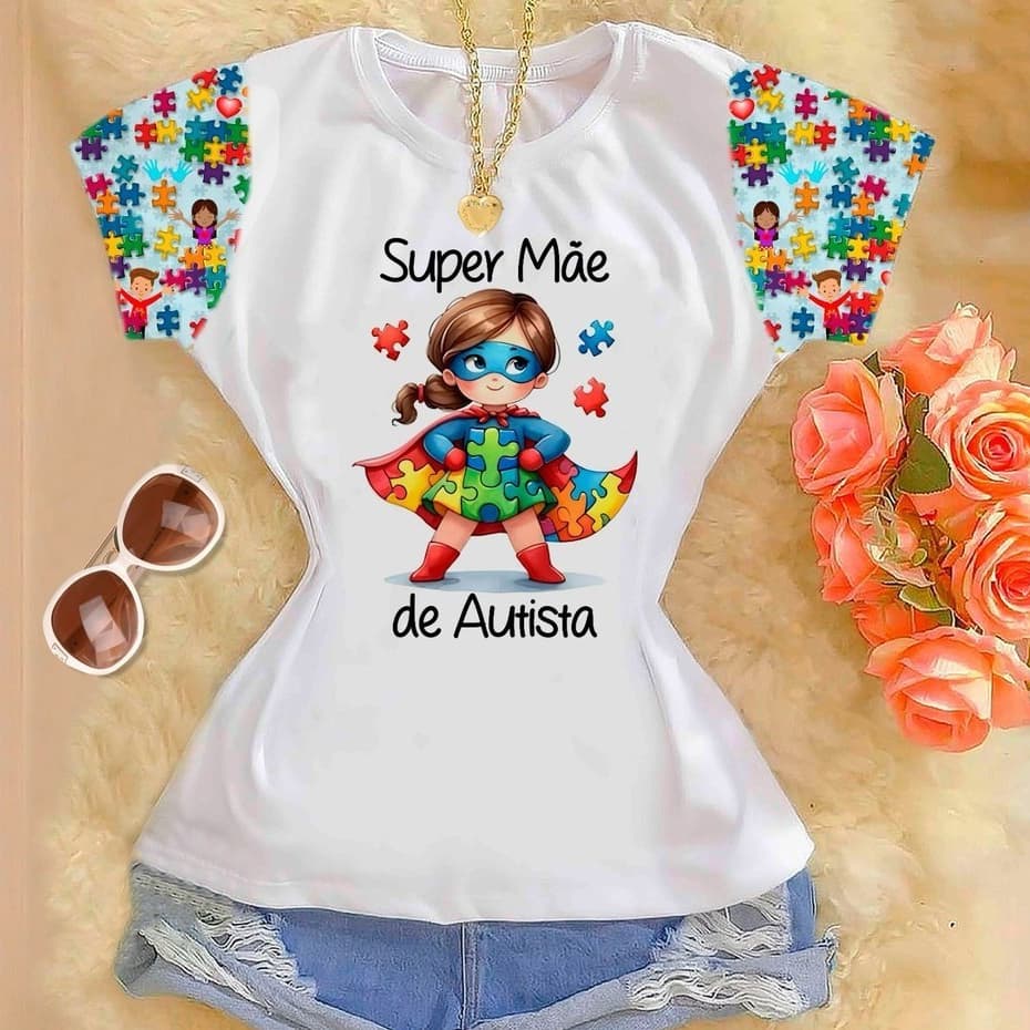 Tshirts Polielastano com Manga Estampada - Autismo Super Mãe de Autista