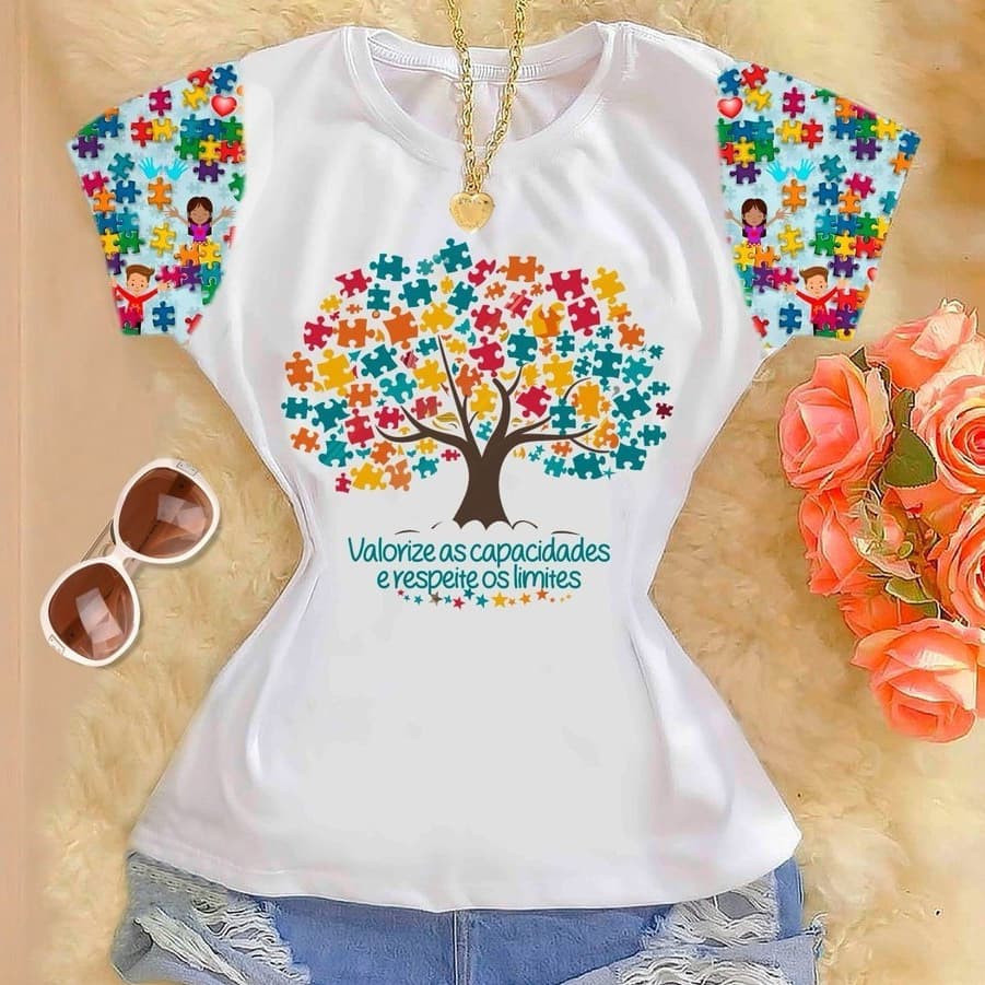 TShirt Feminina Inclusiva Autismo Blusinha Educação Especial Manga Estampada Branca
