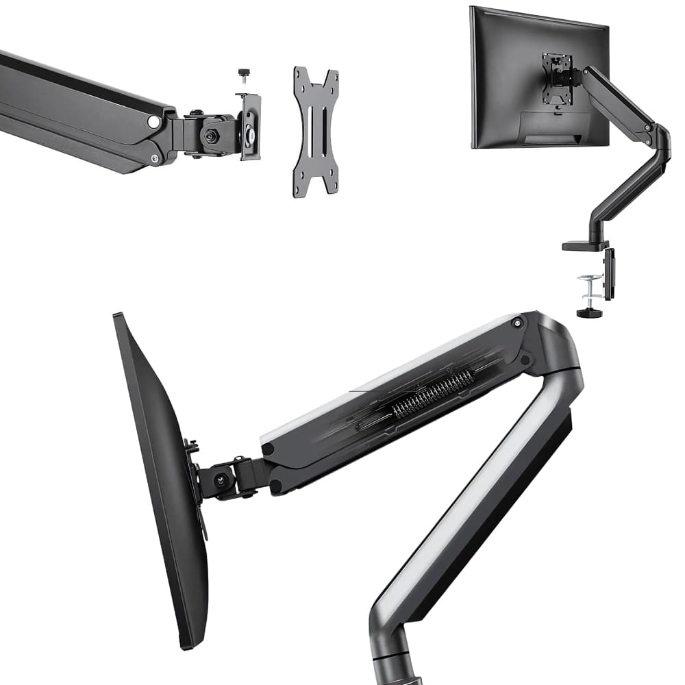 Suporte  Articulado  Braço De Mesa Para Monitor e TV,  com Mola a Gás, Suporte Removível VESA Com Grampo e Base até 27 polegadas.
