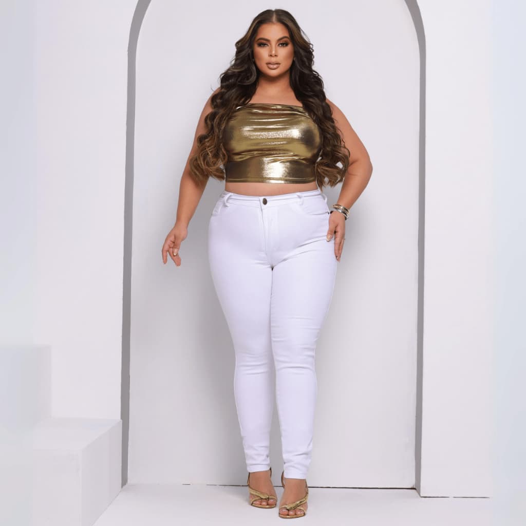 Calça Jeans Plus Size Feminina Cintura Alta Modeladora Levanta Bumbum Com Lycra Stretch Premium Branca