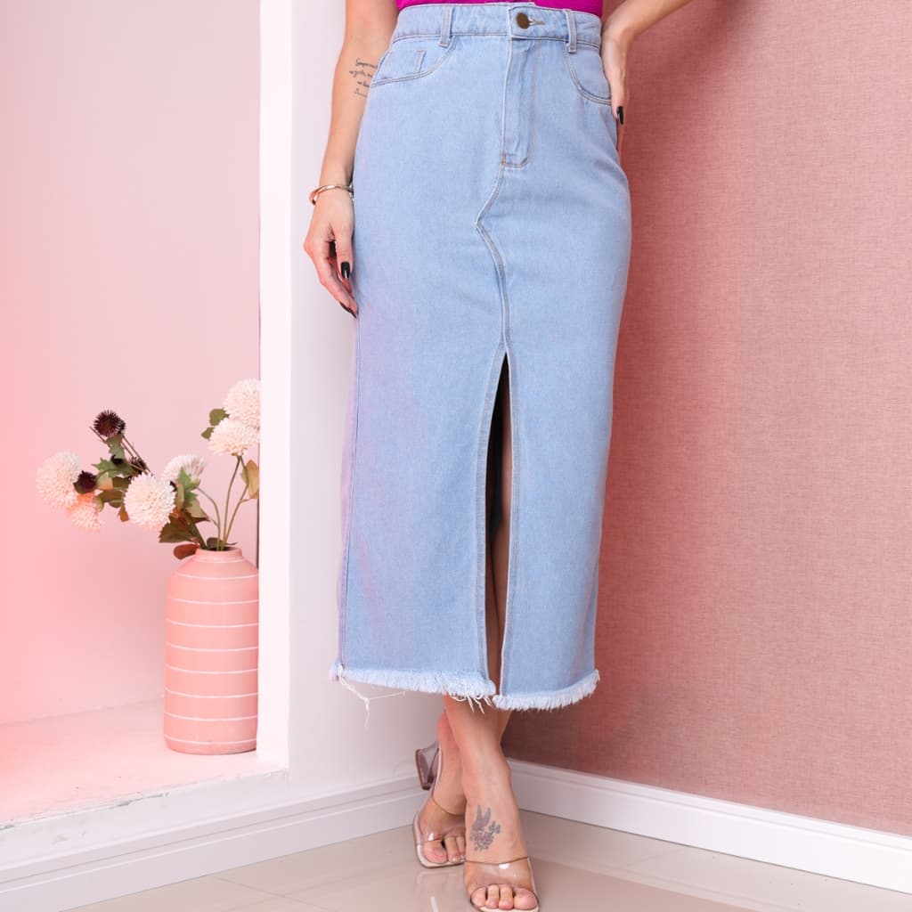 moda feminina Saia Jeans Feminina Midi Longa Tendência Blogueira