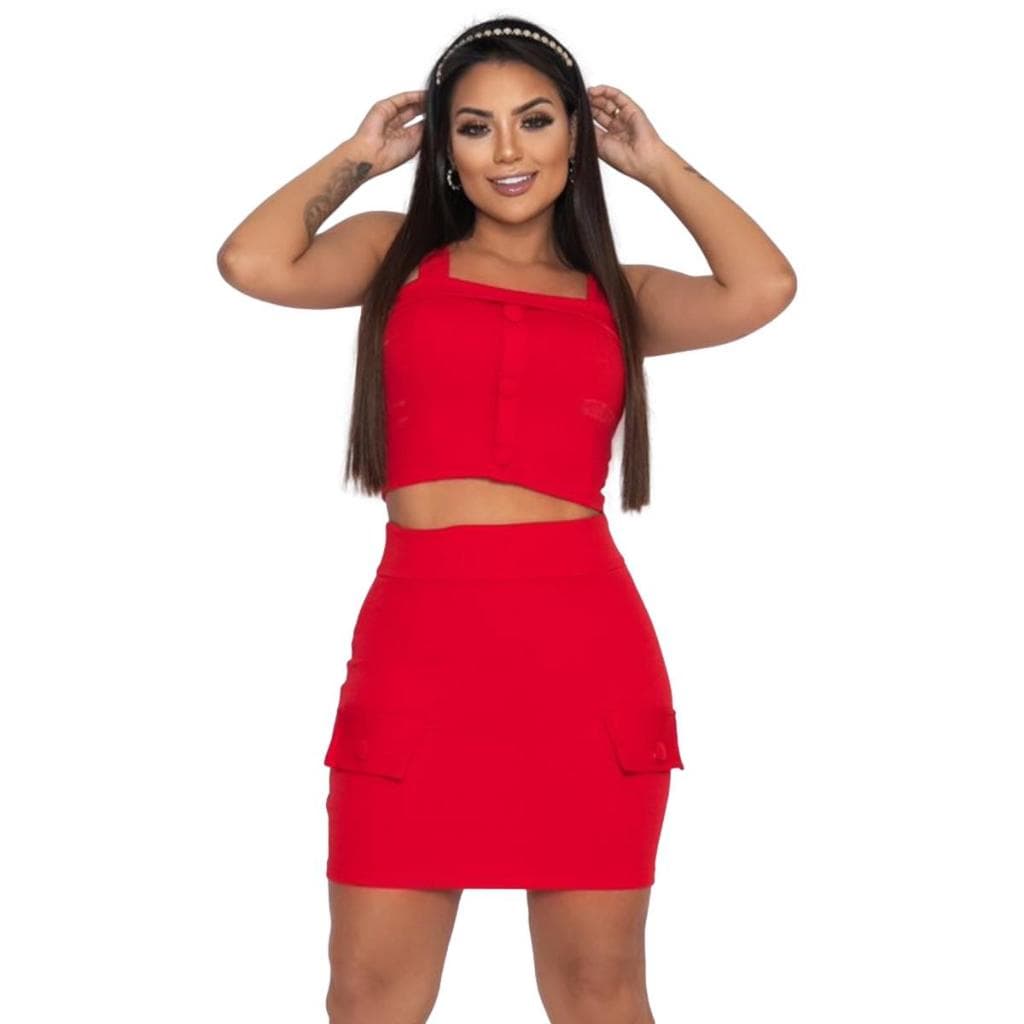 Conjunto Feminino Saia e Cropped Curta Festa Natal Ano Novo