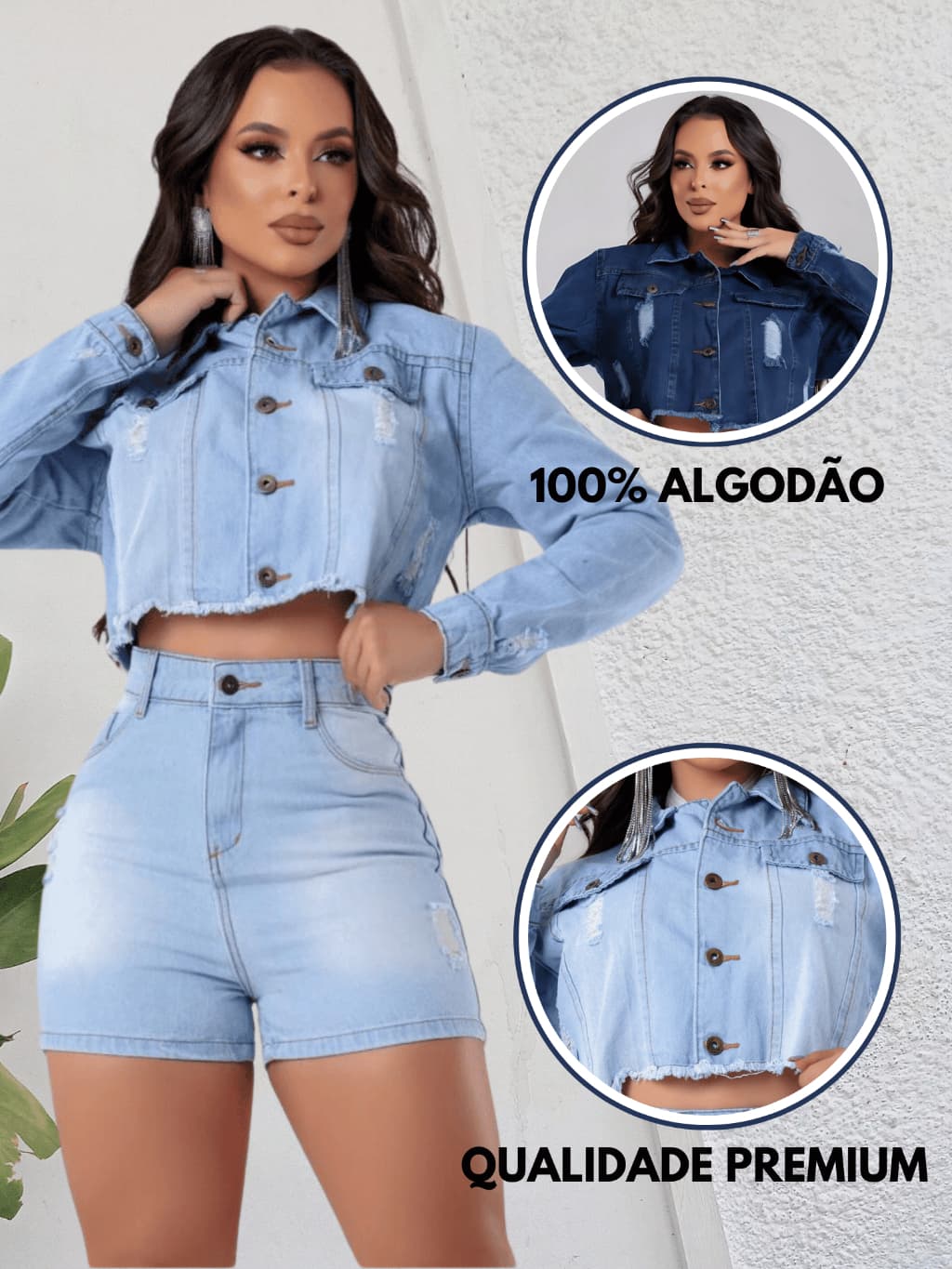 Jaqueta OU Short Jeans Feminino OU Conjunto Cintura Alta Jaqueta Manga Comprida Short Levanta Bumbum