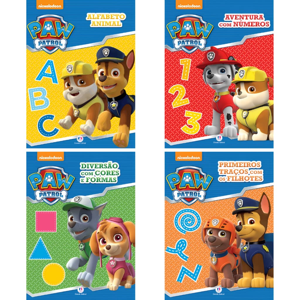 Livros para Alfabetização Infantil da Patrulha Canina 4 modelos Alfabeto Números Cores Formas Primeiros Traços