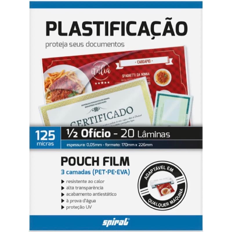 Plástico para plastificação, 125 Micras, 170mm x 226mm x 0,05mm, 1/2 Ofício - PT 20 UN