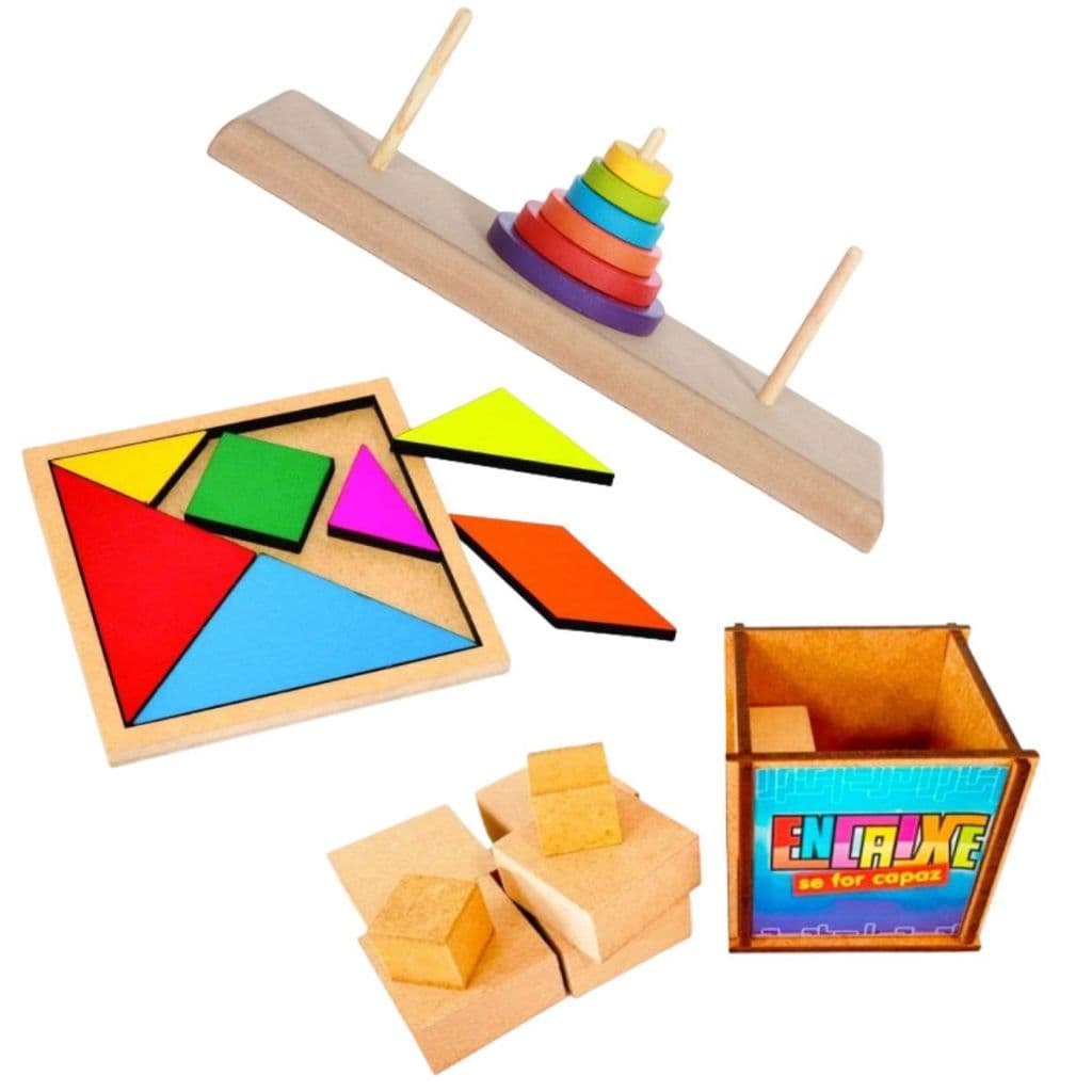 Kit 3x Brinquedos Torre de  Hanói + Encaixe Se For Capaz + Tangram  Montessori Educativo Infantil